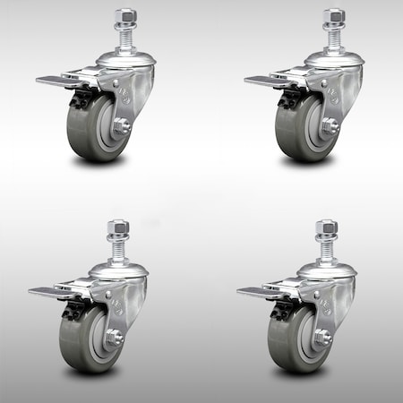 Service Caster 3.5 Inch SS Gray Polyurethane 12mm Threaded Stem Caster Set Total Lock Brake SCC-SSTSTTL20S3514-PPUB-M1215-4